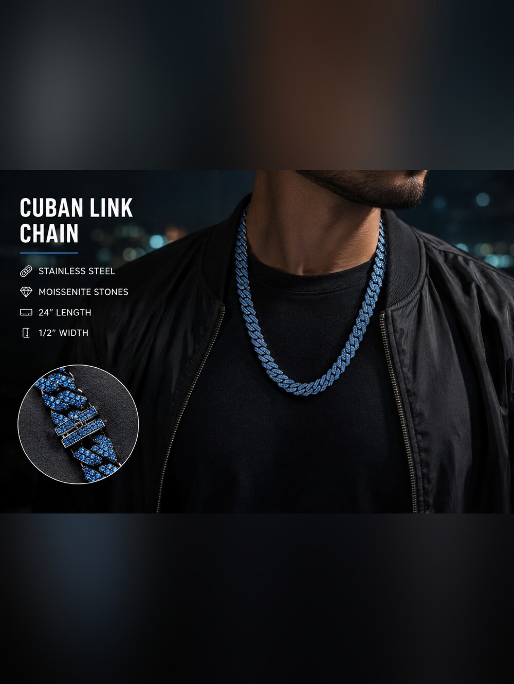 Blue CZ Moissanite Cuban Link Chain Necklace 24" Iced Out Stainless Steel